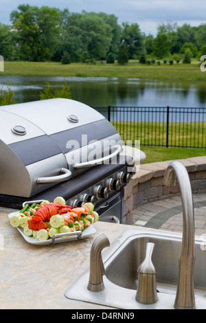 Rohe Hummer und Fisch Kebabs warten auf BBQ Außenküche gekocht werden. Stockfoto