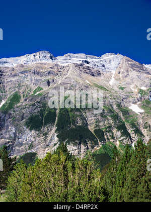 Blick Richtung Monte Perdido aus Llanos De La Larri, Pineta Tal, Provinz Huesca, Aragon, Spanien Stockfoto