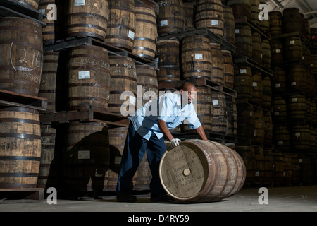 Eine Brennerei Arbeitskraft verschieben von Holzfässern in der Mount Gay rum Destillerie in St Lucy Parish, Barbados, Karibik Stockfoto