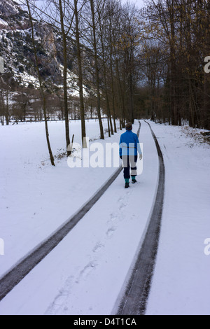 Einsame Frau Walker im Winter Schnee, Spuren im Schnee, Spur, kalt Stockfoto