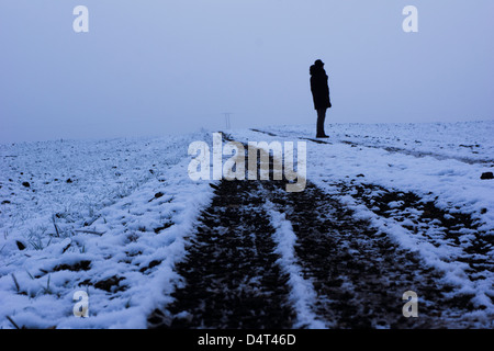 Winterszenen rund um Doncaster mit einem schneebedeckten Steinhaus, einer Person, die durch einen frostigen Waldweg geht, und Fußspuren über verschneite Fälle Stockfoto