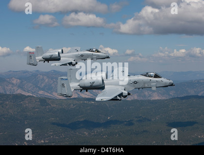 Zwei a-10 Thunderbolt aus der 124. 190. Fighter Squadron Fighter Wing fliegen über die Berge in Zentral-Idaho. Stockfoto