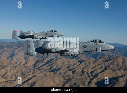 Zwei a-10 Thunderbolt aus der 124. 190. Fighter Squadron Fighter Wing fliegen über Zentral-Idaho. Stockfoto