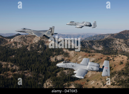 Eine f-15 Eagle und zwei a-10 Thunderbolt im Flug über Zentral-Idaho. Stockfoto