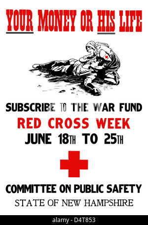 Vintage Weltkrieg Plakat des Roten Kreuzes Krankenschwester hilft einen verwundeten Soldat. Stockfoto