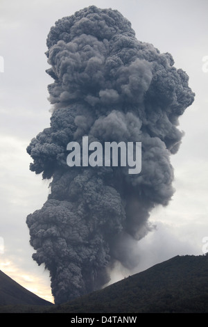 Aschewolke steigt vom Tompaluan-Krater am Vulkan Lokon-Empung, Indonesien. Stockfoto