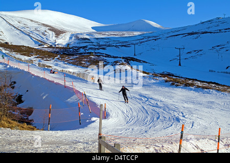 Skifahrer und Snowboarder auf Burnside Ski laufen, Cairngorm Mountain Ski Centre, von Aviemore, Cairngorms National Park, Schottland, Vereinigtes Königreich Stockfoto