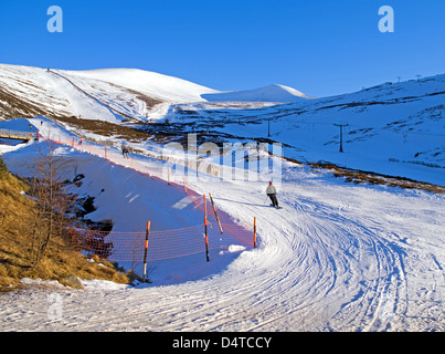 Skifahrer und Snowboarder auf Burnside Ski laufen, Cairngorm Mountain Ski Centre, von Aviemore, Cairngorms National Park, Schottland, Vereinigtes Königreich Stockfoto