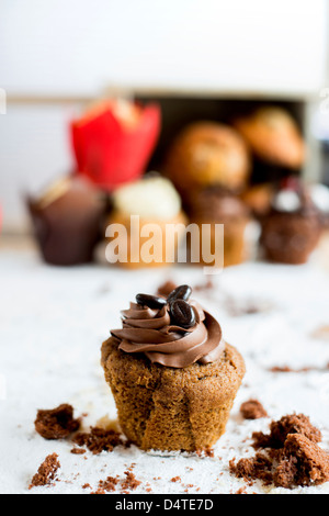 Ein Schokoladen-Kaffee-Muffin, umgeben von Krümel mit anderen Muffins im Hintergrund Stockfoto