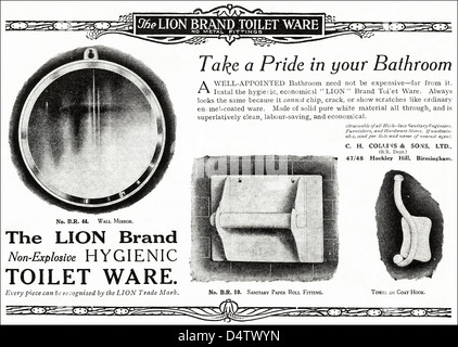 Original 1920er Jahre Periode Vintage Werbung Drucken von englischen Zeitschriftenwerbung LION BRAND nicht-EXPLOSIVE hygienische Toilette WARE Stockfoto