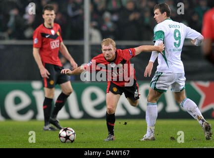 Wolfsburgs Edin Dzeko (R) Kämpfe um den Ball mit Manchesters Paul Scholes (C) während der Gruppenphase der Champions League match zwischen deutschen Bundesligisten VfL Wolfsburg und Seite der englischen Premier League Manchester United im Stadion der Volkswagen Arena in Wolfsburg, Deutschland, 8. Dezember 2009. Manchester besiegt Wolfsburg 3: 1. Foto: Carmen Jaspersen Stockfoto