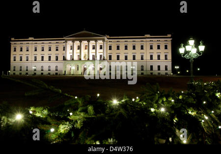 Der norwegische königliche Palast ist in Oslo, 12. Dezember 2009 für Weihnachten dekoriert. Der königliche Palast wurde in der ersten Hälfte des 19. Jahrhunderts als die norwegische Residenz des norwegischen und schwedischen Königs Charles III gebaut und dient als offizielle Residenz des heutigen norwegischen Monarchen. Foto: Patrick van Katwijk Stockfoto