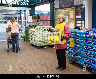 Frau für Marie Curie Cancer Care Charity im Vorhof des Supermarktes zu sammeln. Stockfoto