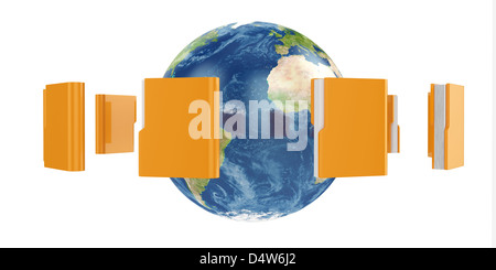 3D Darstellung der Erdkugel mit fliegenden Ordner um Stockfoto