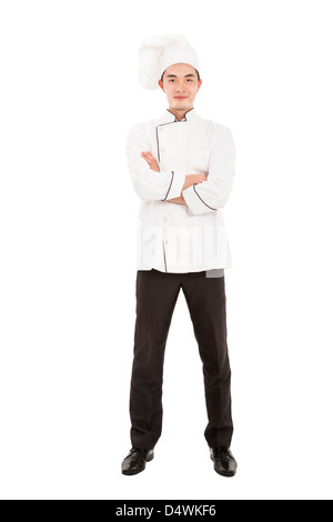 glückliche junge Chef isoliert auf weiss Stockfoto