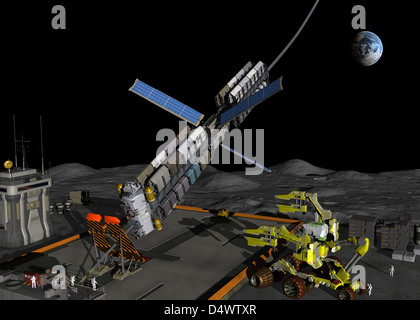 Eine bemannte Mond Weltraumlift bereitet sich auf seine bemannte Mondbasis abweichen. Stockfoto