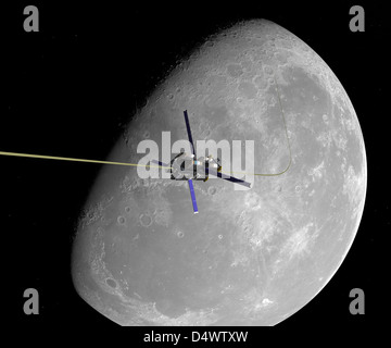 Eine bemannte Mond Weltraumlift steigt von der Oberfläche des Mondes. Stockfoto