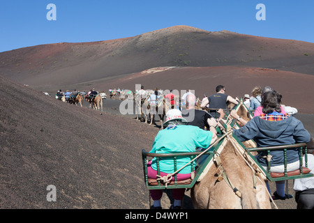 Touristischen Kamel reitet in den vulkanischen Nationalpark Timanfaya, Lanzarote. Stockfoto