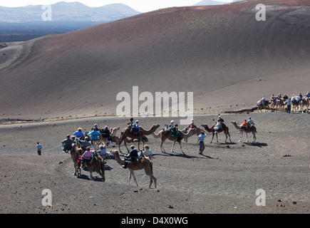 Touristischen Kamel reitet in den vulkanischen Nationalpark Timanfaya, Lanzarote. Stockfoto