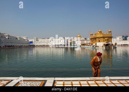 Ein männlicher Sikh Anhänger nehmen ein Bad im Heiligen Pool im herrlichen goldenen Tempel in Amritsar, Punjab, Indien. Stockfoto