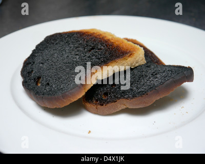 Verbranntem Toast auf einem weißen Teller Stockfoto