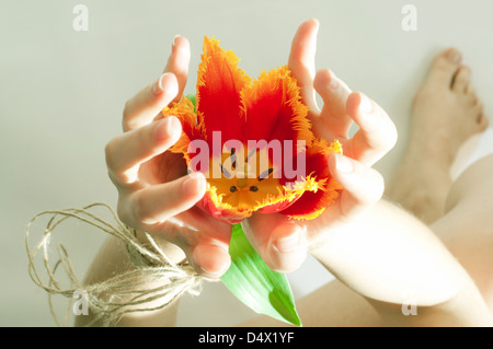 Die geöffnete weibliche Hände verbunden durch einen alten Seil mit einer roten Tulpe im Inneren Stockfoto