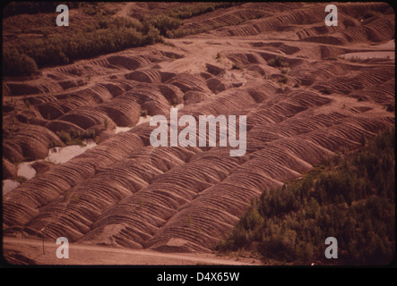 Detail der Gravel Mounds, die die Passage der Placer Gold Rush Era in der Nähe von Fairbanks markieren. Einige der Behemoth Dredges arbeiten noch isoliert Interior Valleys 08/1973 Stockfoto