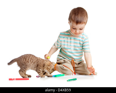 Zeichnung Filzstiften Kind mit Katze Stockfoto