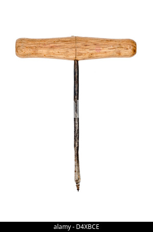 Vintage Holz Hand Bohren isolierten auf weißen Hintergrund Stockfoto