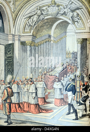 Tod und Beerdigung der Prozession von Papst Leo XIII. In der Sixtinischen Kapelle Apostolischer Palast Vatikanstadt Rom (20. Juli 1903) Italien. Vintage-Gravur oder Illustration Stockfoto