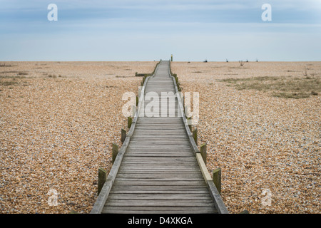 Holzbrett Fuß Dungeness Strand, Kent, England, UK Stockfoto