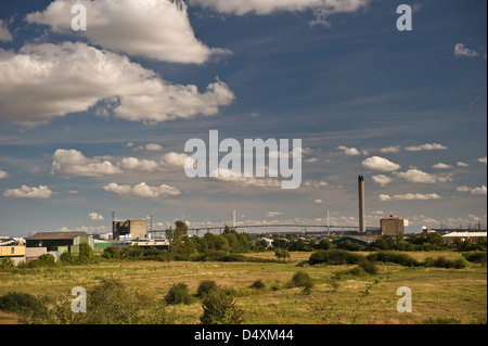 Die QE II Autobahnbrücke tragen die M25 über die Themse gesehen von Dartford Sümpfen in der Nähe von Erith, Kent, UK Stockfoto