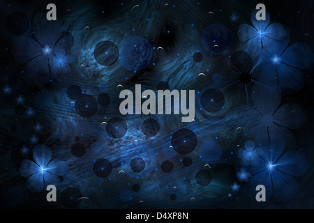 Dunklen abstrakten Hintergrund mit blauen Blüten und Luftblasen. Stockfoto