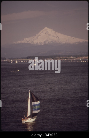 Ein Foto vom Mai 1973, das ein Segelboot auf dem Columbia River mit Mount Hood im Hintergrund zeigt. Dieses Bild fängt die Schönheit des pazifischen Nordwestens ein und dokumentiert sowohl Natur- als auch Freizeitmerkmale. Stockfoto