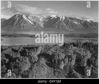 Ansel Adams machte ein atemberaubendes Schwarzweiß-Foto der Grand Tetons in Wyoming mit schneebedeckten Gipfeln und umliegenden Wäldern. Das Bild unterstreicht die Pracht des Parks und seine natürliche Schönheit. Stockfoto