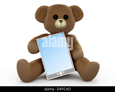 Ein Teddybär mit einem Tablet PC. 3D gerenderte Darstellung. Stockfoto