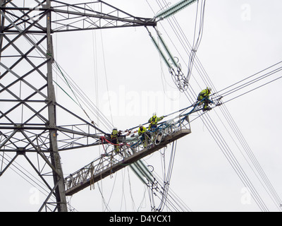 Arbeiter ersetzen alte Isolatoren auf eine hohe Spannung Stromkabel in Barrow auf steigen, Leicesterhsire, UK. Stockfoto