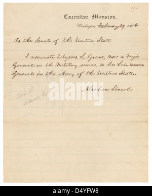 Nachricht von Präsident Abraham Lincoln Nominierung Ulysses S. Grant zum Lieutenant General Of The Army werden: 01.03.1864 Stockfoto