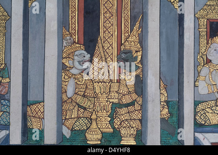 Thailand, Bangkok. Der Grand Palace. Die Galerien des königlichen Klosters, Wandbild von Szenen aus der Geschichte des Ramakien. Stockfoto