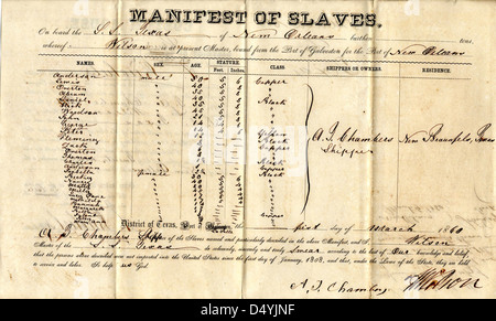Slave-Manifest der S.S. Texas von La Salle in New Orleans angekommen 5. März 1860 (vorne) Stockfoto