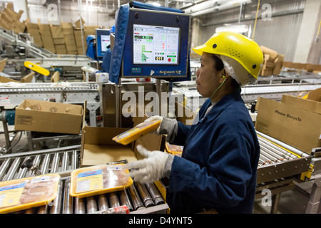 Arbeiter bereiten Hühnerschlachtkörpern auf der Linie in einer Aufbereitungsanlage in Delaware, USA am 1. März 2013. Stockfoto