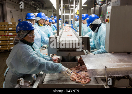 Arbeiter bereiten Hühnerschlachtkörpern auf der Linie in einer Aufbereitungsanlage in Delaware, USA am 1. März 2013. Stockfoto