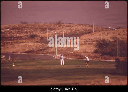 Im November 1973 konzentrierte sich die Landspekulation auf Hawaii auf ein umstrittenes Gebiet in der Nähe von Kamuela. Dieses Bild verdeutlicht die anhaltenden Entwicklungs- und Landnutzungsbedenken in Hawaii während des Zeitraums. Stockfoto