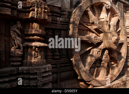 Konark Sonnentempel, Orissa, Indien. fein geschnitzten Stein Rad steht für Wagen des Sonnengottes. Stockfoto