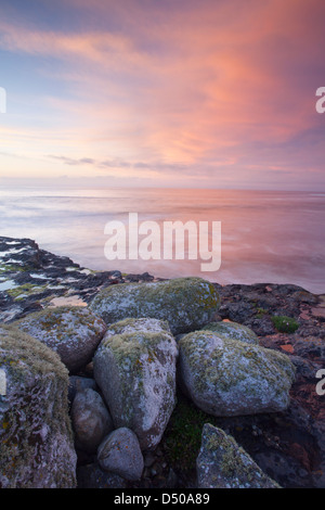 Sonnenuntergang über der Küste Felsbrocken am Easky, County Sligo, Irland. Stockfoto