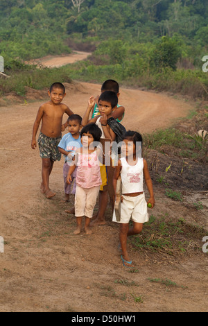 Indianische Mädchen und jungen der Stamm der Arawak, Fair View Village. Iwokrama Wald, Guyana. Stockfoto