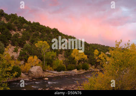 Herbstfarben entlang den Arkansas River verbessern die mystische Farben des Alpenglo in den Himmel in der Abenddämmerung. Stockfoto