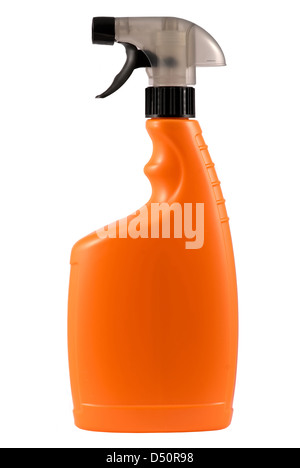 Orange Kunststoff-Sprühflasche vor weißem Hintergrund Stockfoto