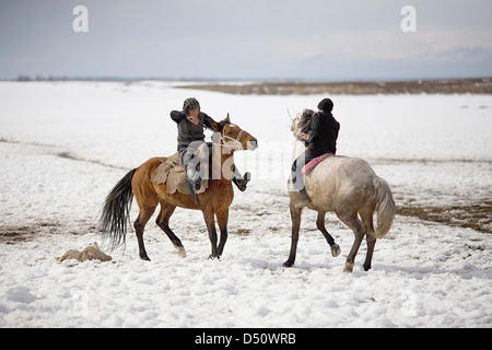 Kirgisische Republik Reisebilder - Training in Karakol Felder für Ulak säuerlich, Kuk Pari, Kök Berü, Ulak Tyrtysh, Kok Boru. Stockfoto