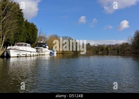 Cruiser vertäut am Fluß Yare in der Nähe von Brundall, Norfolk Broads National Park Stockfoto